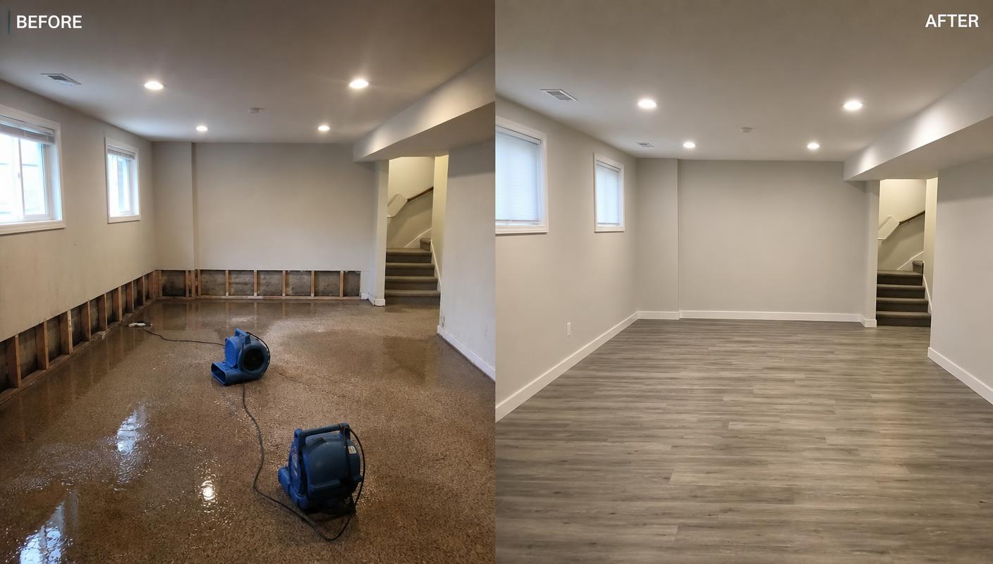Before and after JDR water damage restoration — Basement Flood · Keller