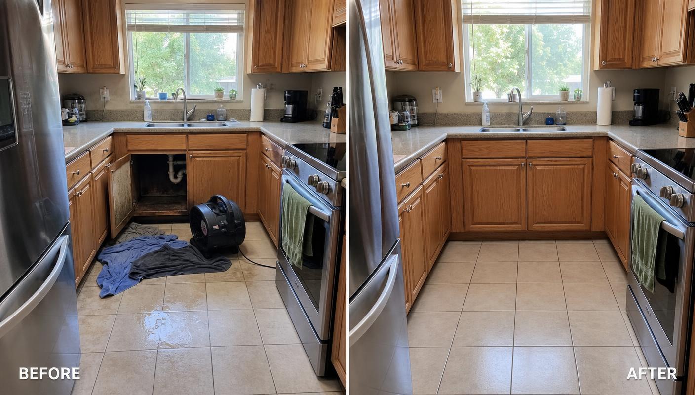 Before and after JDR water damage restoration — Kitchen · Supply Line · Southlake