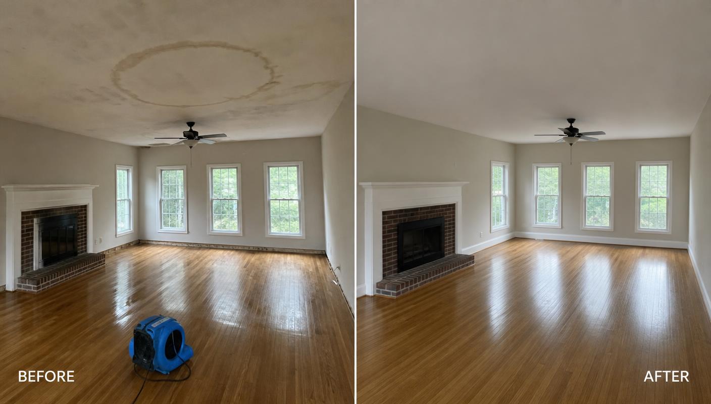 Before and after JDR water damage restoration — Living Room · Burst Pipe · Grapevine